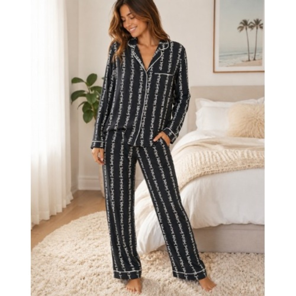 Victorias Secret Black White Logo Script Pajama Set Long Sleeve‎ Pants Medium M